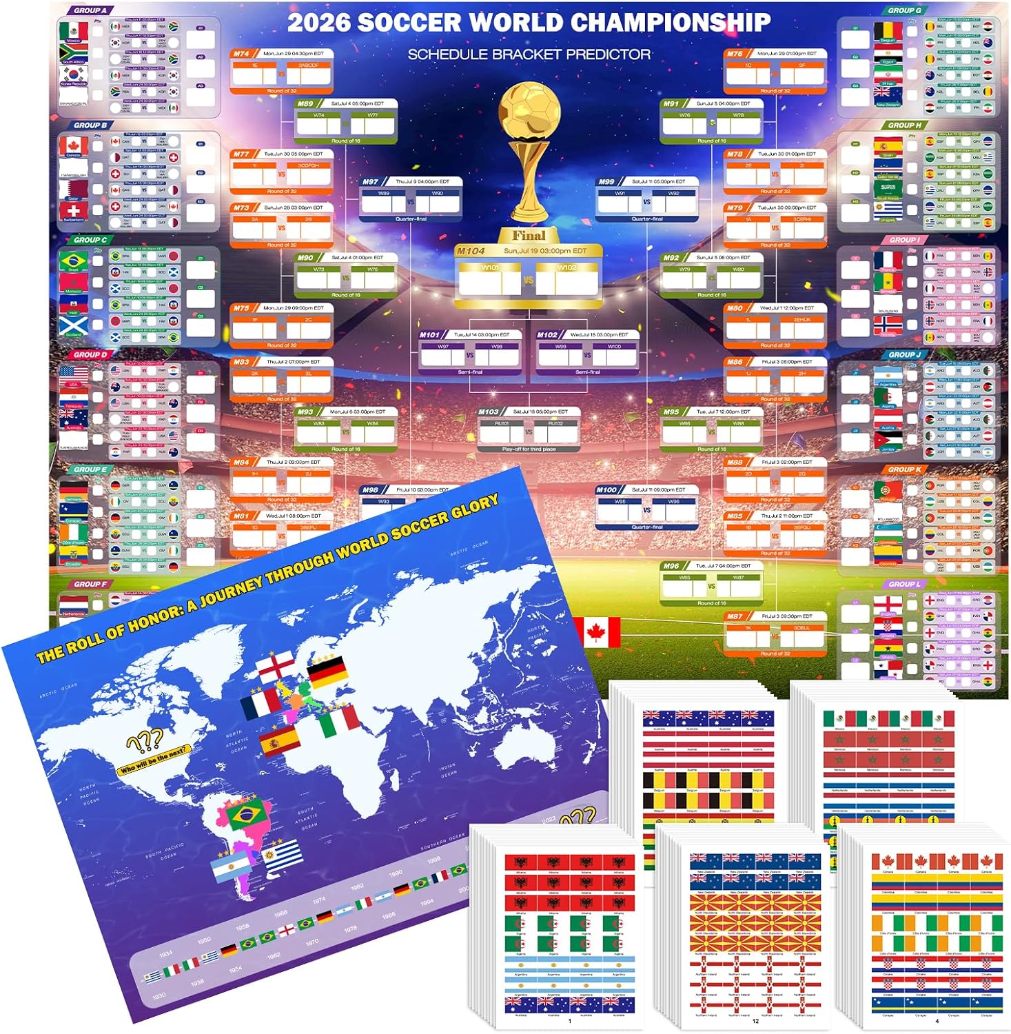 2026 Soccer Championship Extra Large Schedule Poster 43"x32", 2Pcs Merchandise with 600 Team Stickers and Predict Champion Poster, Tournament Wall Chart for Soccer Fans Gifts Party Decorations