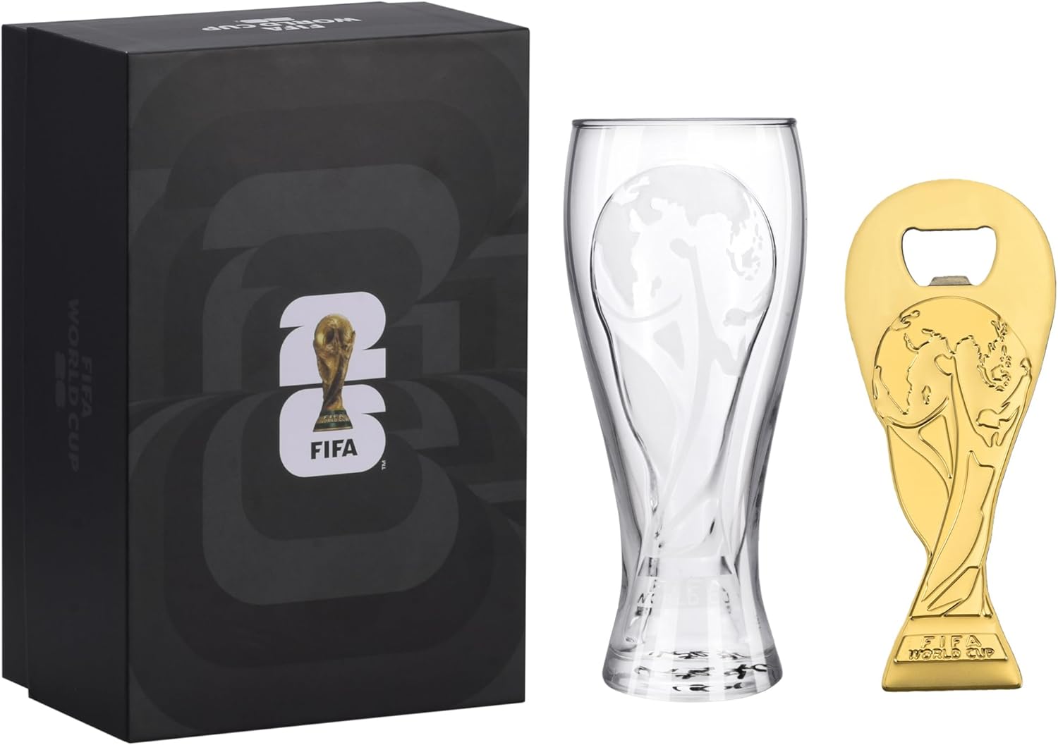Official FIFA World Cup 2026 Edition - 17oz Pilsner Beer Glass & 6-Inch Trophy Bottle Opener Gift Set - 1 of Each - Perfect for Parties, Mancaves, Gamedays, Tailgates, BBQ’s - Collectors Drinkware Set