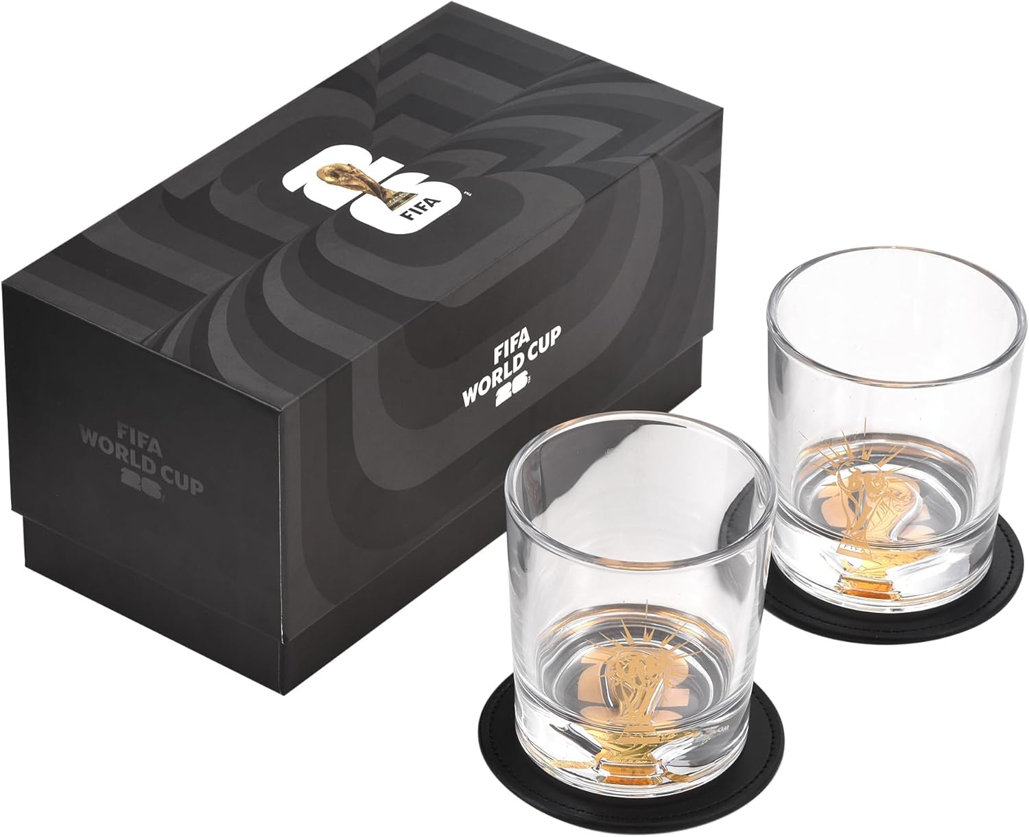Official FIFA World Cup 2026 Edition - 8oz Whiskey Glass & Leather Coasters Gift Set - 2 of Each - Perfect for Parties, Bars, Tailgates, Mancaves & Gamedays - Once in a Lifetime Drinkware Set