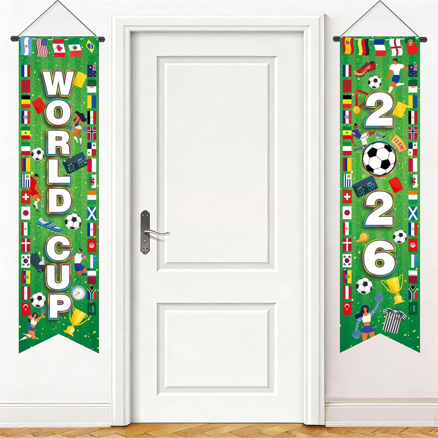 AhfuLife World Soccer Cup 2026 Hanging Porch Banner for Party Decorations, 2 Pcs World Soccer Cup Themed Hanging Couplet for Porch Door Soccer Party, Sports Events, Bar, Street, Home Decorations