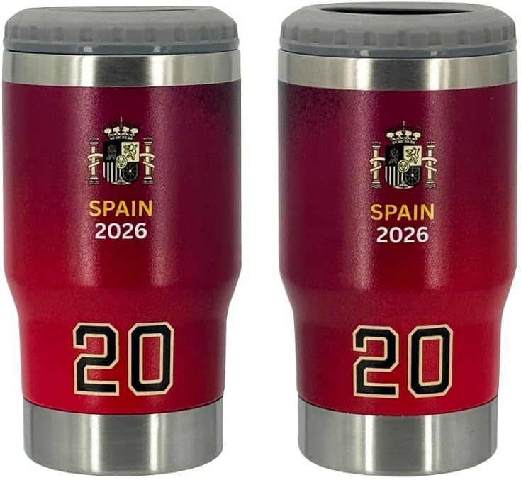 Spain #20 Fan Can Cooler – Universal 4-in-1 Insulated Tapered Can Cooler Stainless Steel | World Cup 2026 Inspired Collector's Edition | Soccer Fan Gift | Fits 12oz & 16oz Cans & Bottles